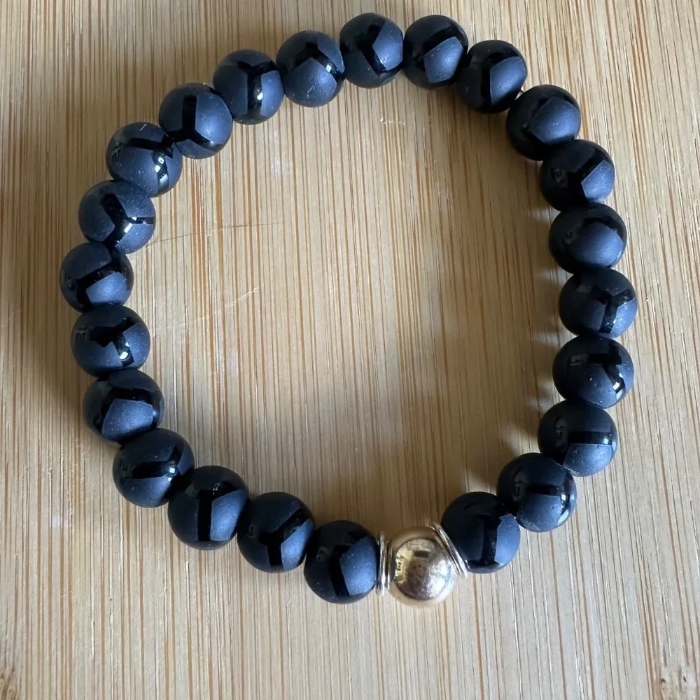 Matte w/ Polished Geo Design Onyx Stretch Bracelet w/ Gold & Silver Spacers